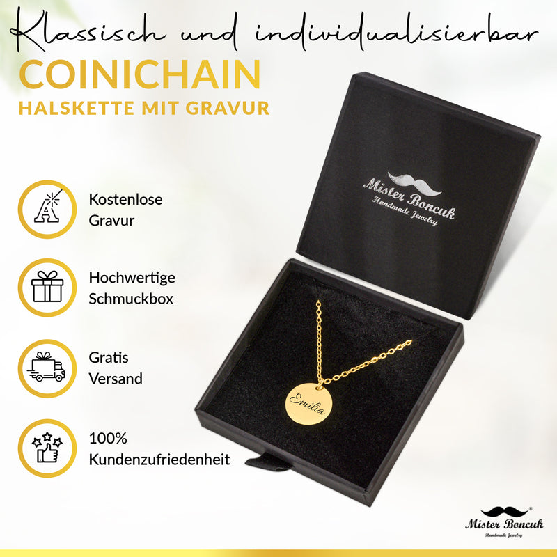 CoiniChain - Halskette mit Gravur - aus rostfreiem Edelstahl - Personalisiert mit Wunschgravur (Gold)