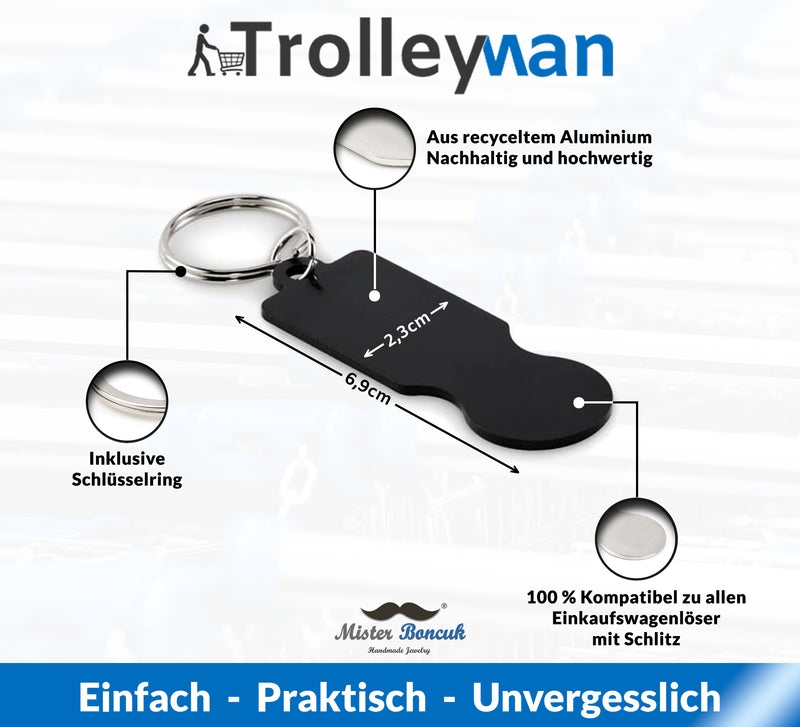 Trolleyman - Einkaufswagenlöser Schlüsselanhänger mit Gravur - Personalisierbarer Schlüsselanhänger - Einkaufswagenlöser aus recyceltem Aluminium