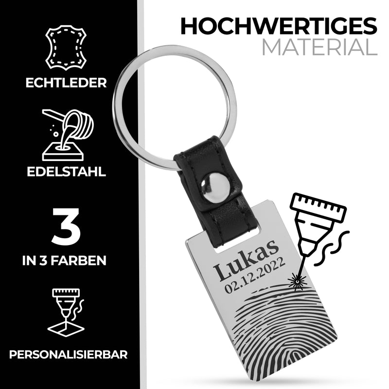 Fingerabdruck Schlüsselanhänger mit Gravur aus Edelstahl mit Echtleder - Personalisierbar mit Wunschgravur - Perfekt auch als Geschenkidee