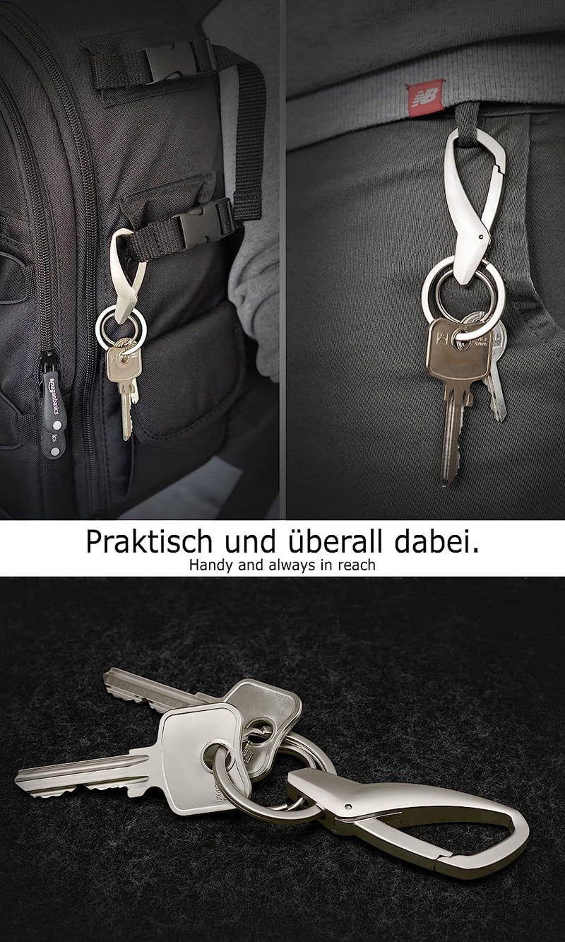 KARABI Karabiner Schlüsselanhänger mit 2 Schlüsselringen, Stabiler Karabinerhaken als Anhänger für den Schlüsselbund aus robustem Metall, Perfekt auch als Geschenk für Männer oder Frauen