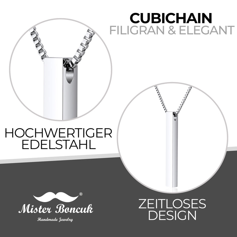CubiChain Säulen Kette mit Gravur - aus Edelstahl - Namenskette mit Geschenkbox - Quader Anhänger - Personalisiert mit Wunschgravur