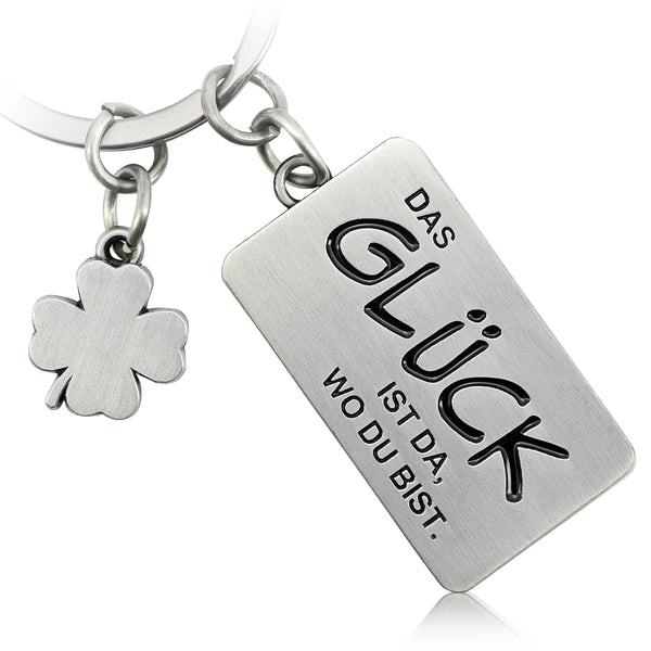 Glück Schlüsselanhänger mit Gravur - Glücksbringer aus Metall - Kleeblatt Anhänger für den Schlüsselbund - Das Glück ist da, wo du bist