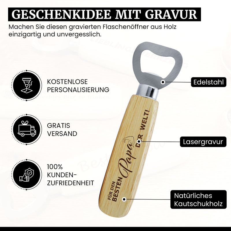 FLÖFi Personalisierter Flaschenöffner aus Holz mit Gravur - Bierflaschenöffner Personalisiert mit Namen - Geschenke für Männer mit Wunschgravur