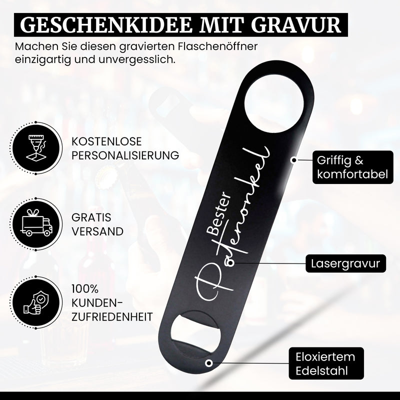 FLÖFNi Personalisierter Flaschenöffner aus Edelstahl mit Gravur - Bierflaschenöffner Personalisiert mit Namen - Bar - Gastronomie - Flairbartending - Geschenke mit Wunschgravur