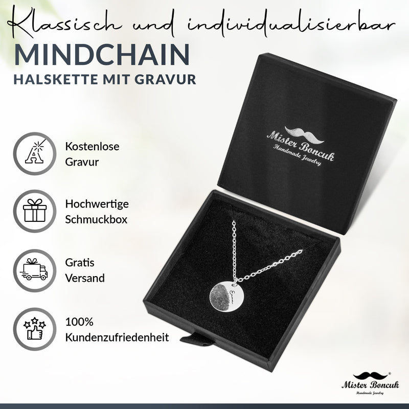 MindChain - Halskette mit Fingerabdruck Gravur - aus Edelstahl - Kette Personalisiert mit Wunschgravur