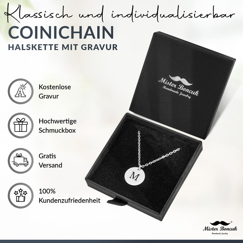 CoiniChain - Halskette mit Gravur - aus rostfreiem Edelstahl - Personalisiert mit Wunschgravur (Silber)