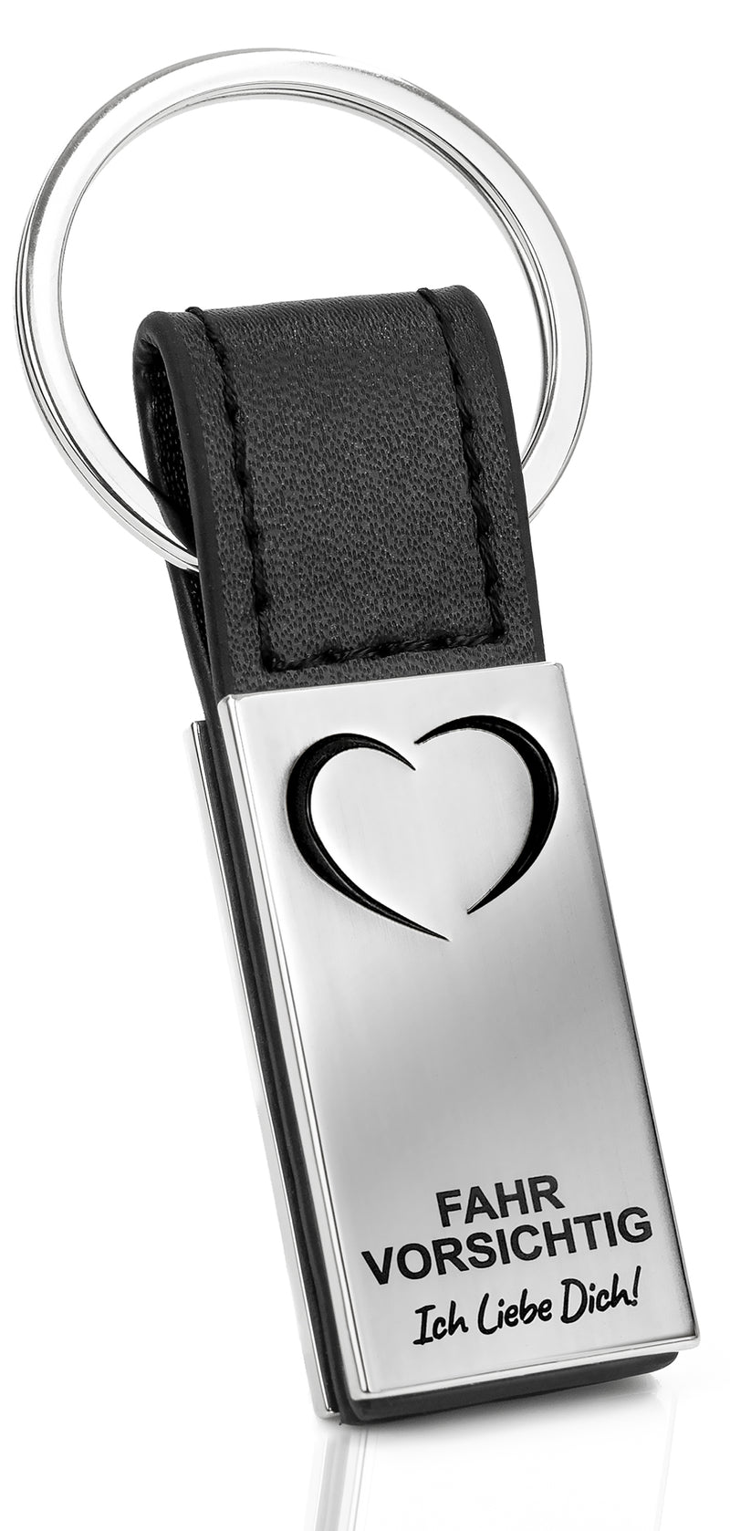 Schlüsselanhänger mit Gravur aus Leder – Fahr vorsichtig Ich Liebe Dich mit Herz Gravur (Matt Silber)