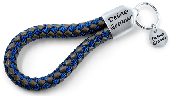 FLOCHTI Schlüsselanhänger mit Gravur aus geflochtenem Echtleder - Blau